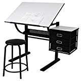 Miadomodo - Mesa de Dibujo con Taburete para arquitectos y técnicos - Tablero reclinable, 3 cajones, Espacio Adicional para Guardar Cosas - Color Negro-Blanco