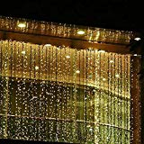 Minger Cortina de luces LED, 3m*3m, de 8 efectos luminosos, 300 leds Blanco Cálido (2700K), Cortina luminosa de Lamparitas LED para Decoración de Ventanas, Patios, Fachadas, Entradas, Bares, Navidad, Día de San Valentín, Bodas, Luz de Fondo