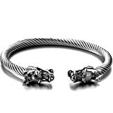 COOLSTEELANDBEYOND Elástica Ajustable única Brazalete Dragón de Hombre, Cable de Acero Inoxidable, Color Plata