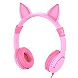 Auriculares para niños, iClever Volume Limiting Auriculares para niños sobre el oído Auriculares para bebés con diseño estéreo ajustable Cat para iPhone iPad mini iPad Tablets PC MP3, rosa