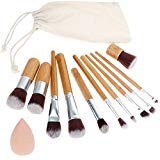 Rovtop 13 en 1, 11 Unidades Brochas y Pinceles de Maquillaje con Mango de Bambú /Juego de Cepillo de Maquillaje y Esponja para Maquillar, Incluido el Estuche
