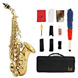 ammoon LADE Saxofón Soprano Bb Bend Althorn Sax Patrón Labrado Latón de Oro Botones Concha de Perla Blanca Instrumento de Viento con Estuche Guantes Paño de Limpieza Grasa Cepillo
