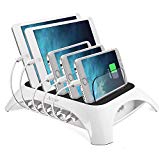 ACTOPP Estación de Carga USB 5 Puertos Base de Carga Universal Cargador Inteligente Organizador de Cables Soporte de Carga Desmontable 2 Quick Charge para Móvil Tablet Multidispositivos Casa Oficina (Blanco+Negro)
