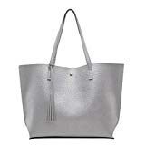 LINNUO Bolsos Bandolera con Borlas Bolsos de Mano de PU Piel Shoppers Bolso de Hombro de Viaje de Grandes Mujeres (Plata, 36*10*30cm)